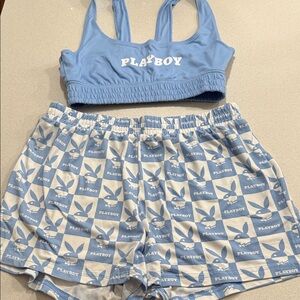 NWOT PLAYBOY Light Blue Sports Bra and Logo Shorts